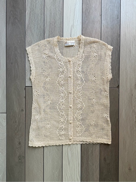 Hand Crocheted Tops - Hand Crocheted Vintage Button-Up Vest - Cream